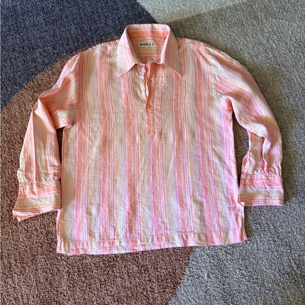 INSERCH Linen Retro Pink Stripe Collared Tunic Men's Large Resort Palm Beach